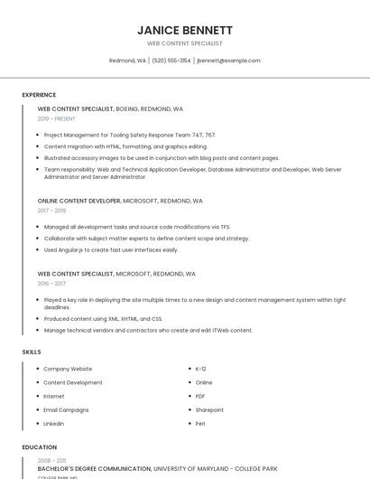 Web Content Specialist Resume
