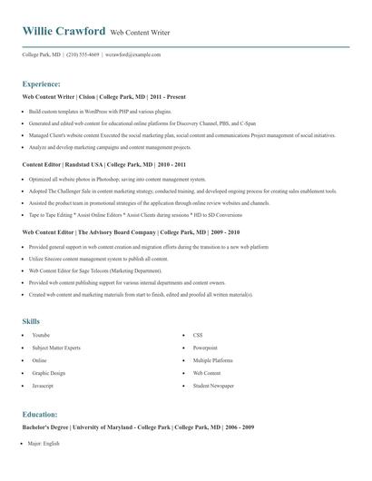 Web Content Writer Resume