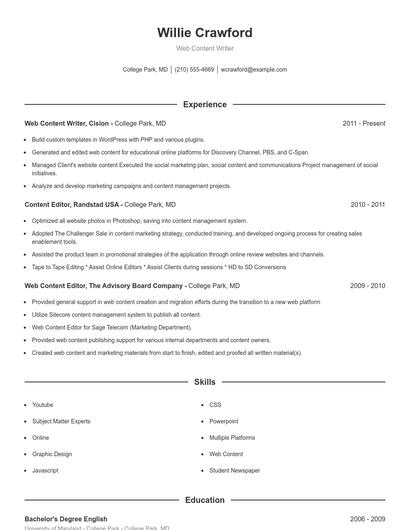 Web Content Writer Resume