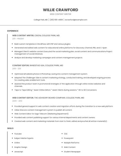 Web Content Writer Resume