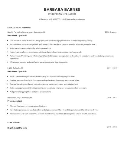 Web Press Operator Resume