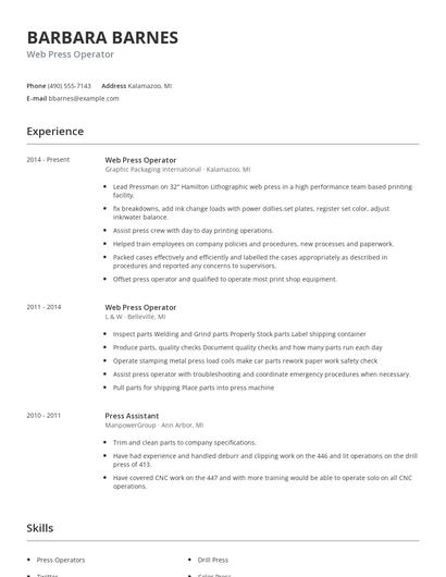 Web Press Operator Resume