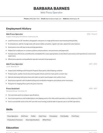 Web Press Operator Resume