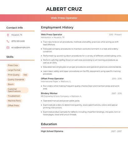 Web Press Operator Resume