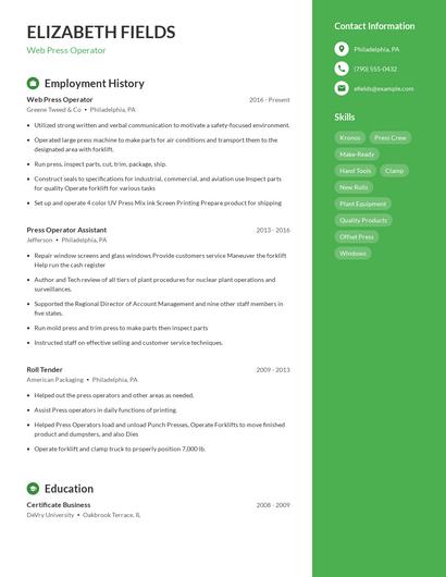 Web Press Operator Resume