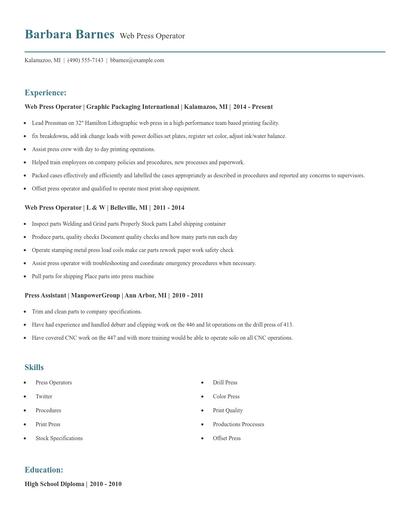 Web Press Operator Resume