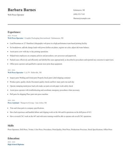 Web Press Operator Resume