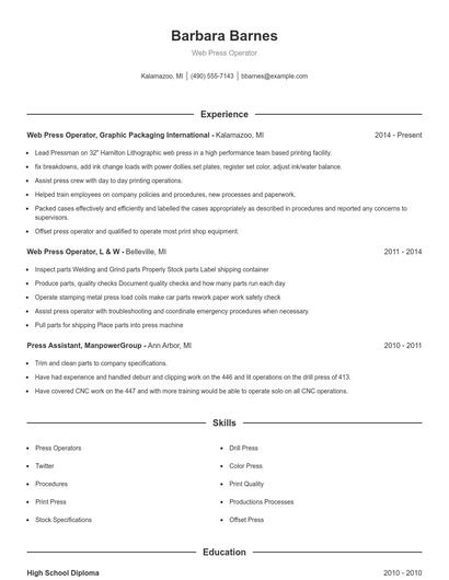 Web Press Operator Resume