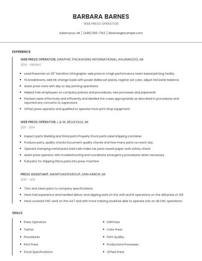 Web Press Operator Resume