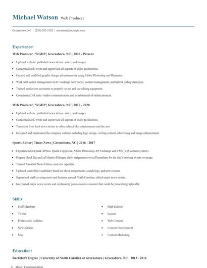 Web Producer Resume