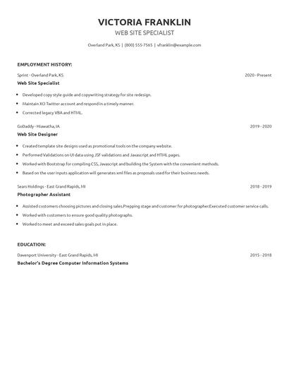 Web Site Specialist Resume