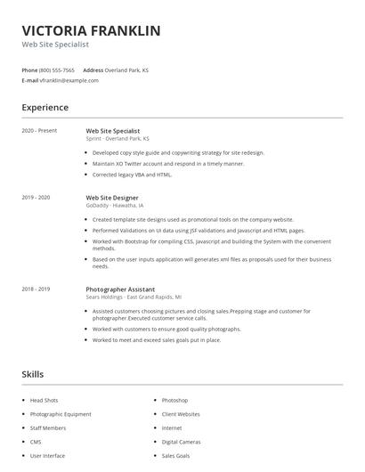 Web Site Specialist Resume