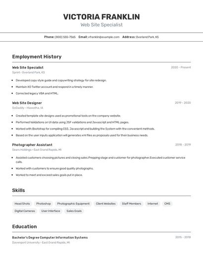 Web Site Specialist Resume