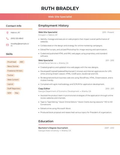 Web Site Specialist Resume