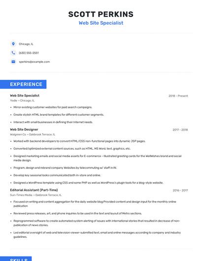 Web Site Specialist Resume