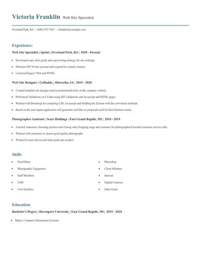 Web Site Specialist Resume