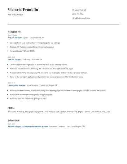 Web Site Specialist Resume