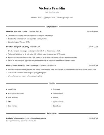 Web Site Specialist Resume