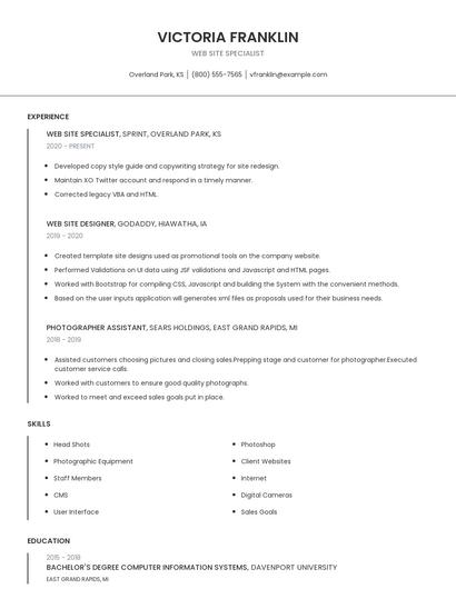 Web Site Specialist Resume