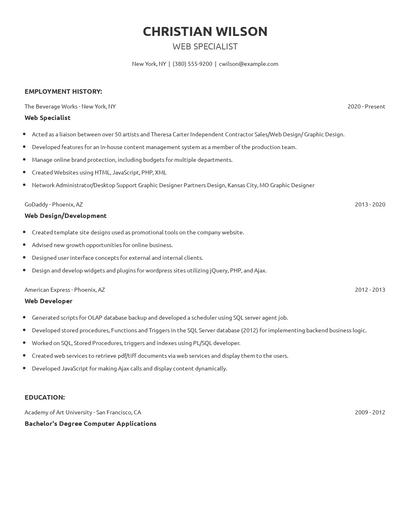 Web Specialist Resume