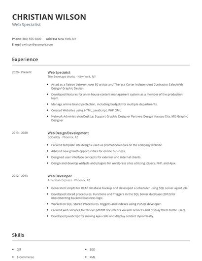 Web Specialist Resume