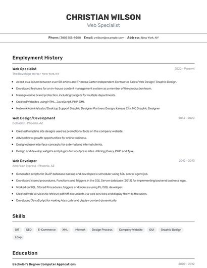 Web Specialist Resume