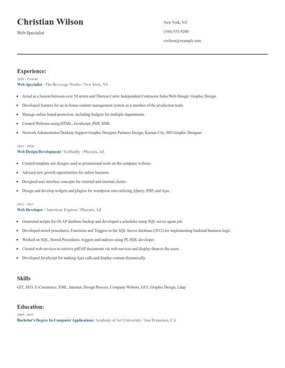 Web Specialist Resume