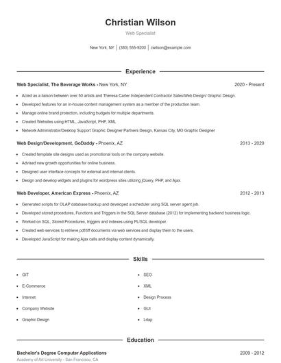 Web Specialist Resume