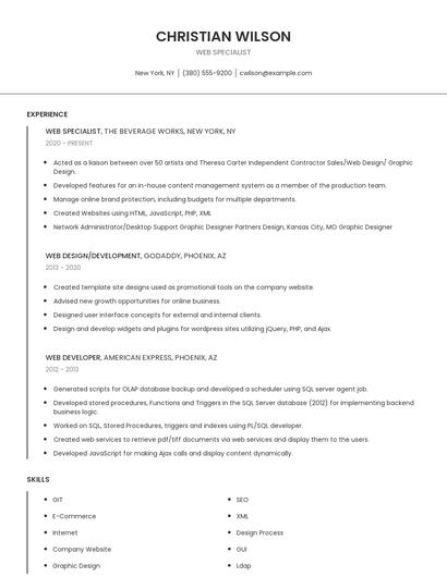 Web Specialist Resume