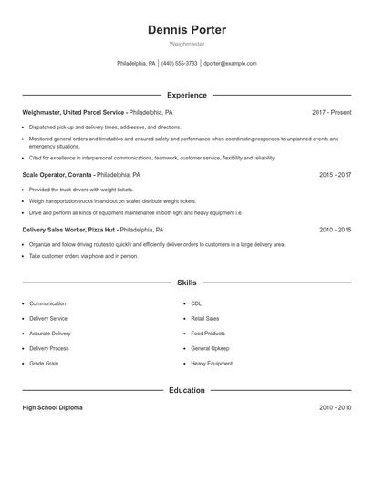 Weighmaster Resume
