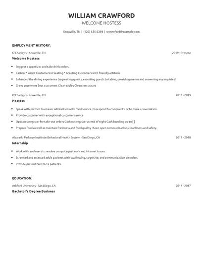 Welcome Hostess Resume