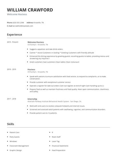 Welcome Hostess Resume