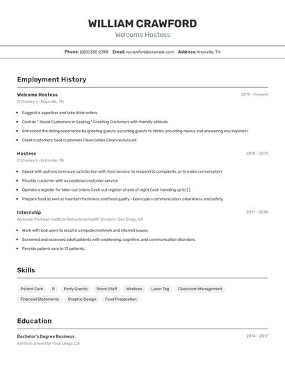 Welcome Hostess Resume