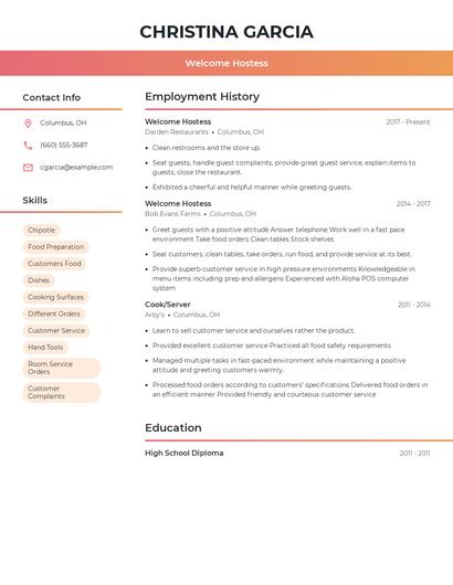 Welcome Hostess Resume