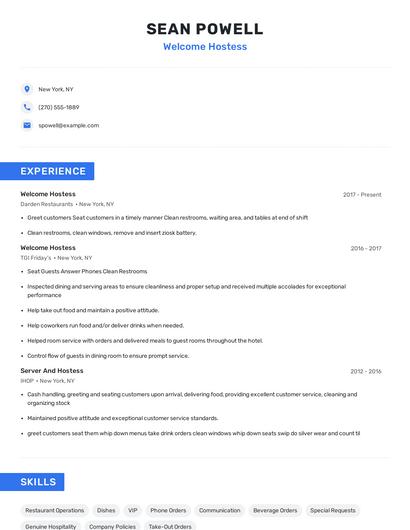 Welcome Hostess Resume