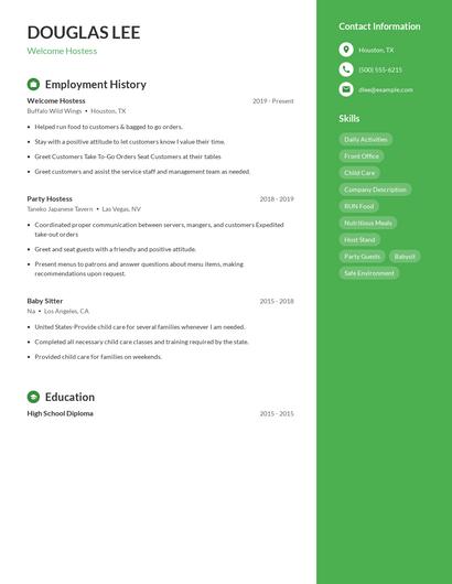 Welcome Hostess Resume