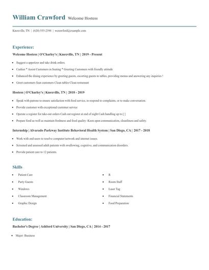 Welcome Hostess Resume