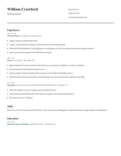 Welcome Hostess Resume