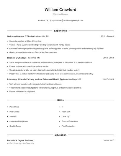 Welcome Hostess Resume