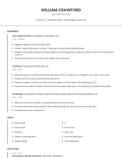 Welcome Hostess Resume