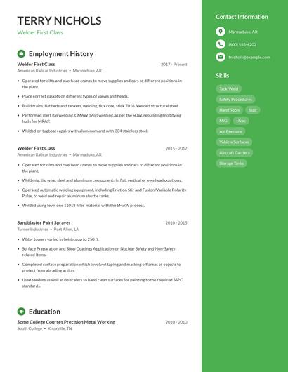 Welder First Class Resume