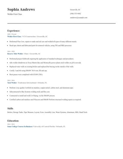 Welder First Class Resume