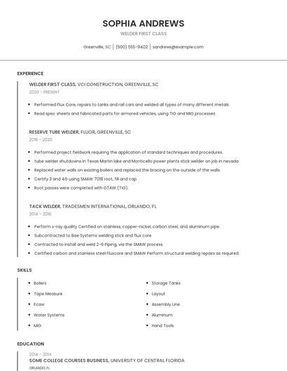 Welder First Class Resume