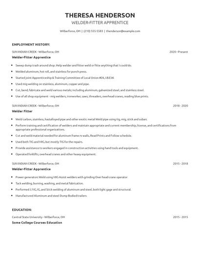 Welder-Fitter Apprentice Resume