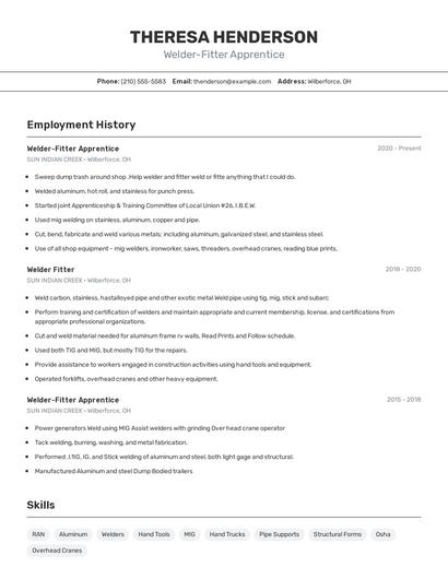 Welder-Fitter Apprentice Resume