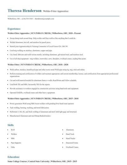 Welder-Fitter Apprentice Resume