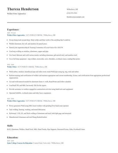 Welder-Fitter Apprentice Resume