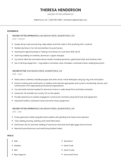 Welder-Fitter Apprentice Resume
