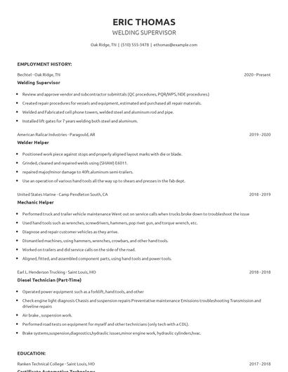 Welding Supervisor Resume