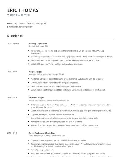 Welding Supervisor Resume